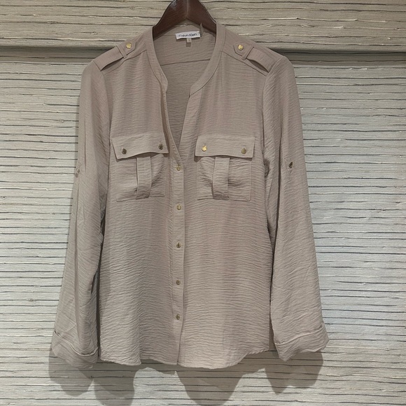 Calvin Klein Tan Dress Shirt with Metal Buttons Women’s Size L - Picture 2 of 5